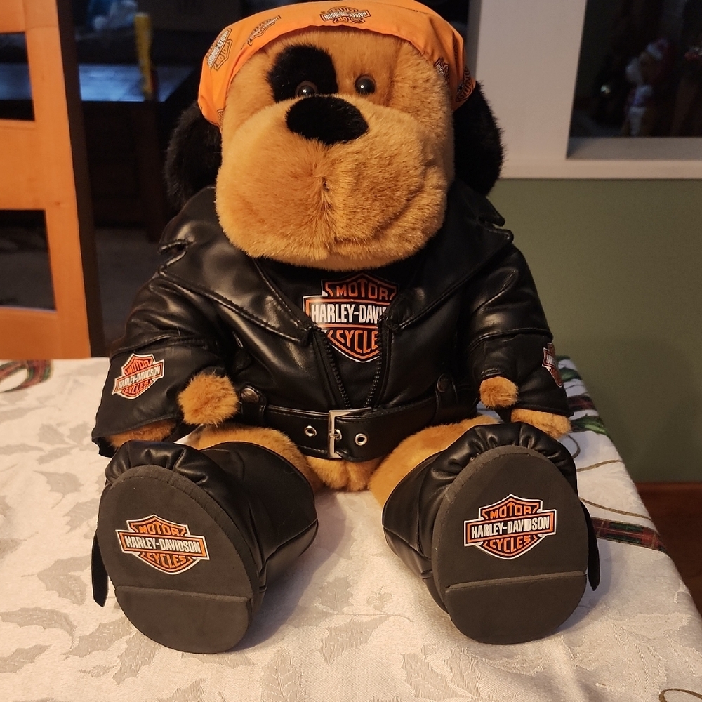 Harley-Davidson Stuffed Dog with Black Jacket and Orange Bandana